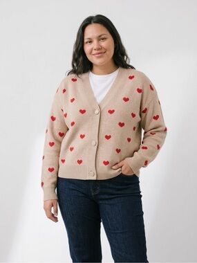 Marled Beige Cardigan with Red Heart Motif
